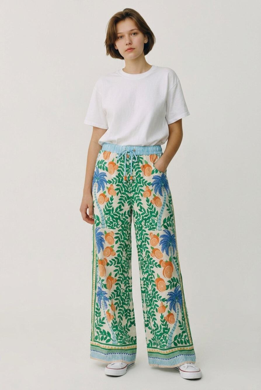 S Pants Wide Leg Resort wear Tropical Boho Citrus Beachy/Vacation 25" inseam